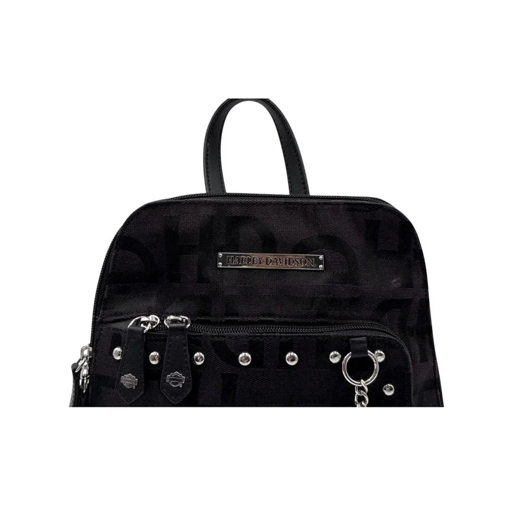 RARE Harley-Davidson Women's Black Monogram Backpack Studded Charm Zip Bag